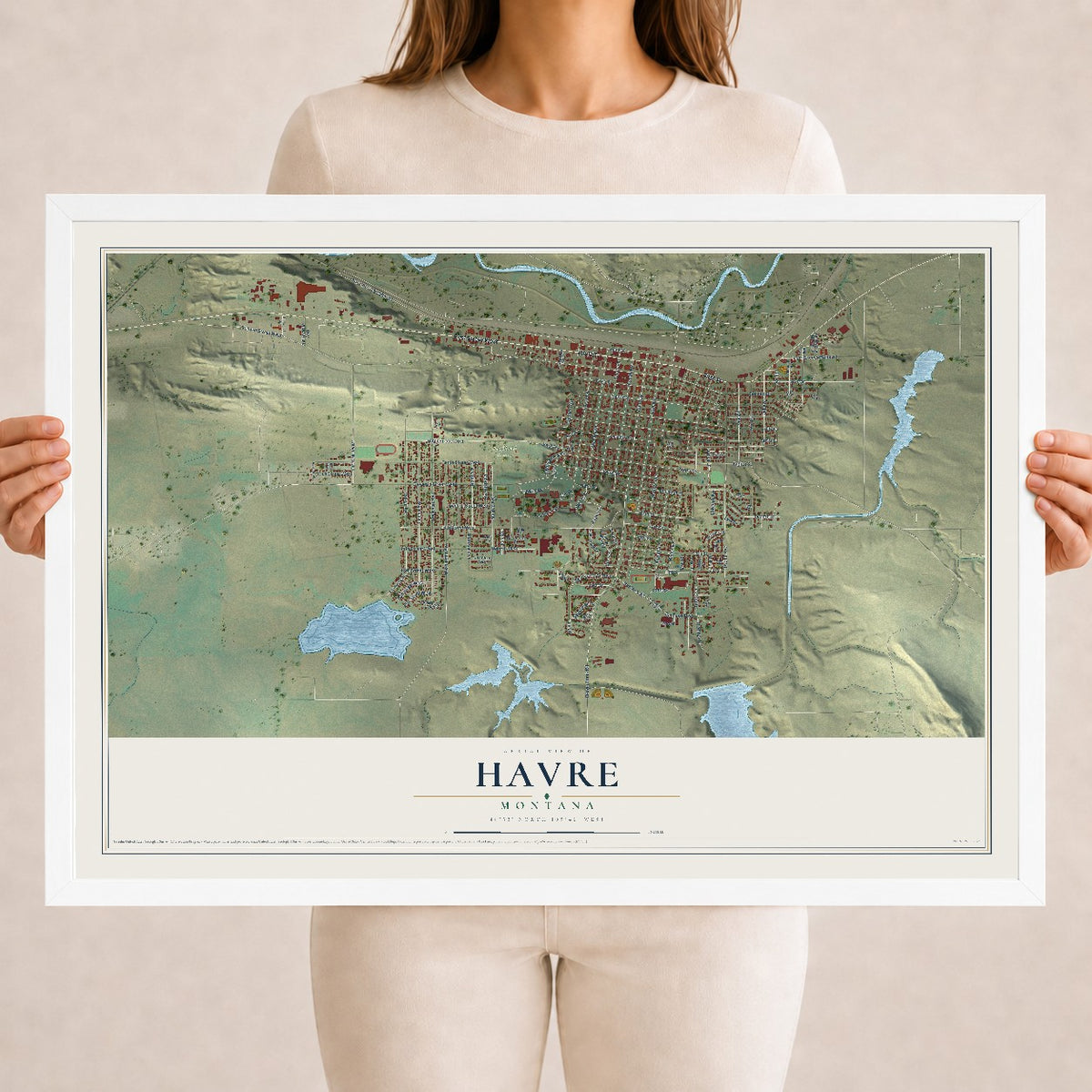 Map of Havre, Montana, 18 x 24 inch print in a white wood frame