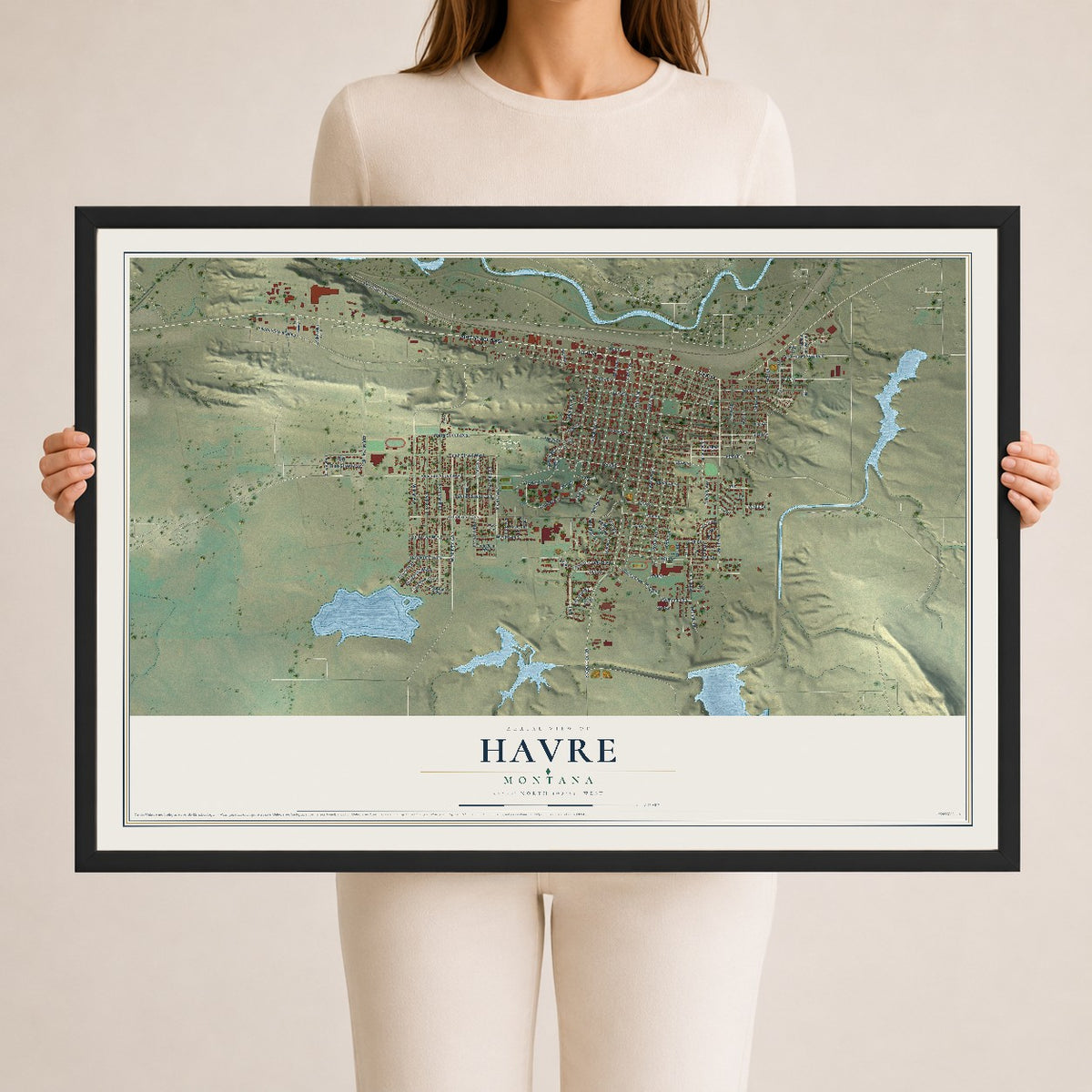 Map of Havre, Montana, 24 x 36 inch print in a black wood frame