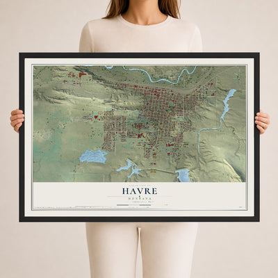 Map of Havre, Montana, 24 x 36 inch print in a black wood frame
