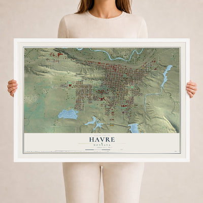 Map of Havre, Montana, 24 x 36 inch print in a white wood frame