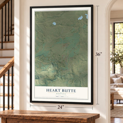 Heart Butte, Montana map, 24 x 36 inch print in a black frame by a staircase