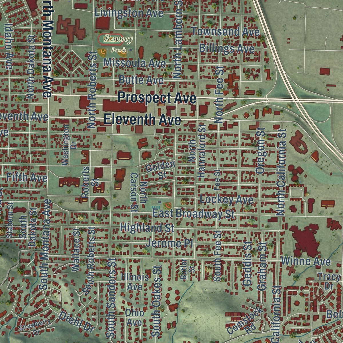 Close-up of the map of Helena, Montana print showing street and building detail
