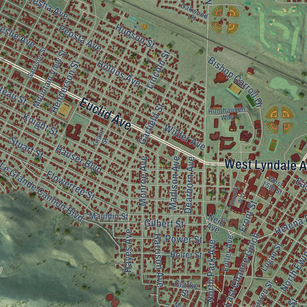 Second close-up of the map of Helena, Montana print showing more streets and buildings