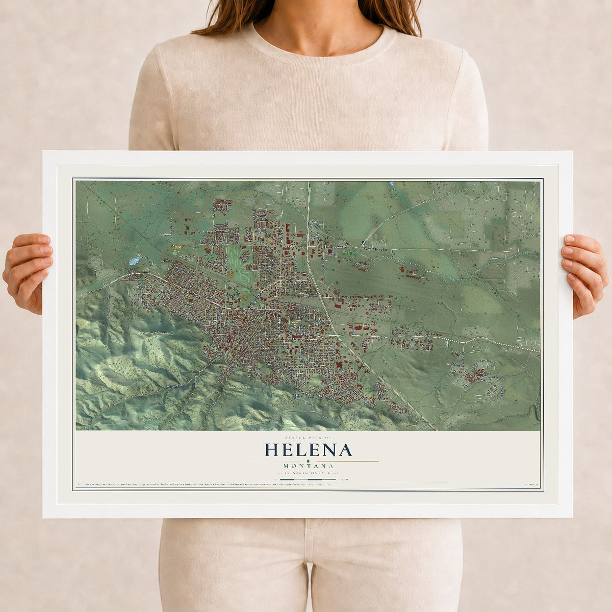 Map of Helena, Montana, 12 x 18 inch print in a white wood frame