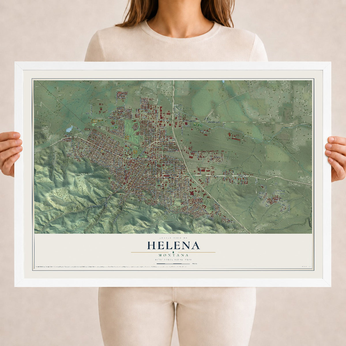 Map of Helena, Montana, 18 x 24 inch print in a white wood frame