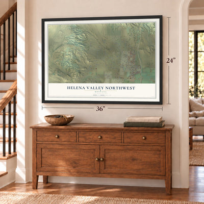 Helena Valley Northwest, Montana map, 24 x 36 inch print in a black frame above a dresser by a staircase