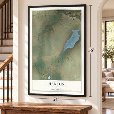 Herron, Montana map, 24 x 36 inch print in a black frame by a staircase