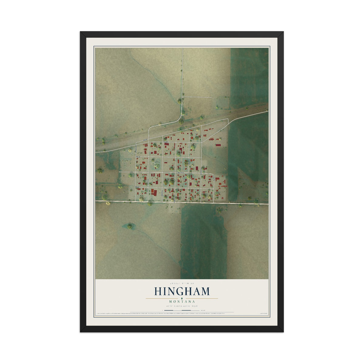 Map of Hingham, Montana, 12 x 18 inch print in a black wood frame
