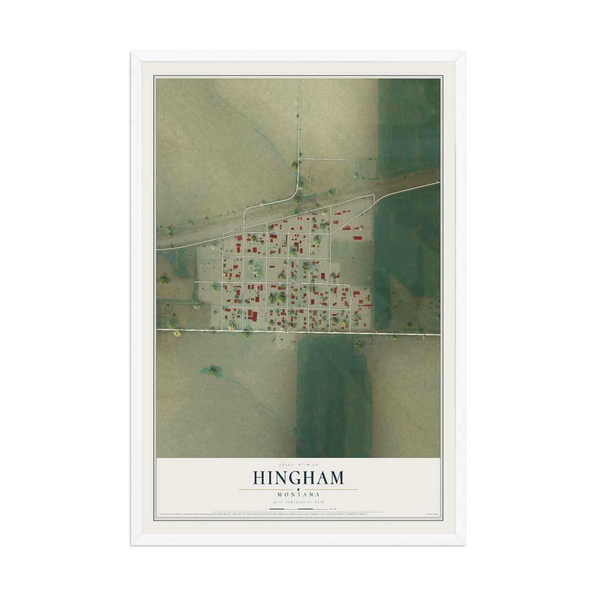 Map of Hingham, Montana, 12 x 18 inch print in a white wood frame