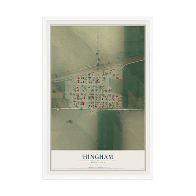 Map of Hingham, Montana, 12 x 18 inch print in a white wood frame