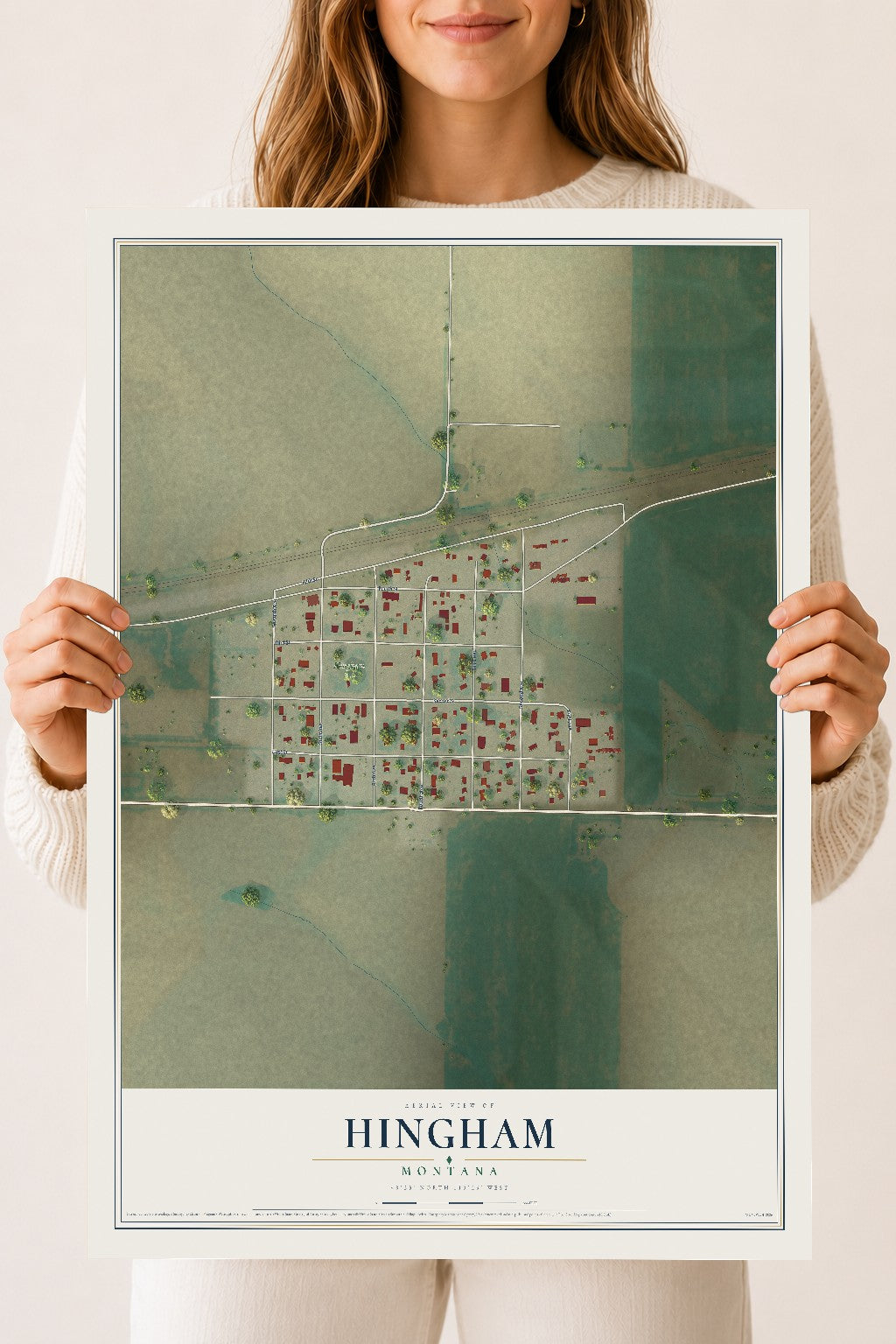 Map of Hingham, Montana, 18 x 24 inch unframed archival matte print