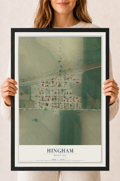 Map of Hingham, Montana, 18 x 24 inch print in a black wood frame
