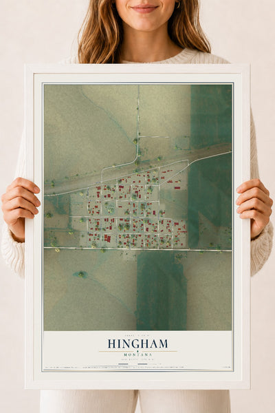 Map of Hingham, Montana, 18 x 24 inch print in a white wood frame