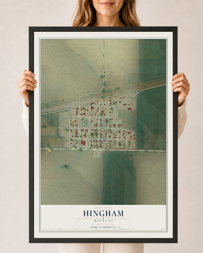 Map of Hingham, Montana, 24 x 36 inch print in a black wood frame