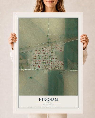 Map of Hingham, Montana, 24 x 36 inch print in a white wood frame