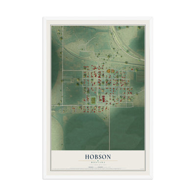 Map of Hobson, Montana, 12 x 18 inch print in a white wood frame