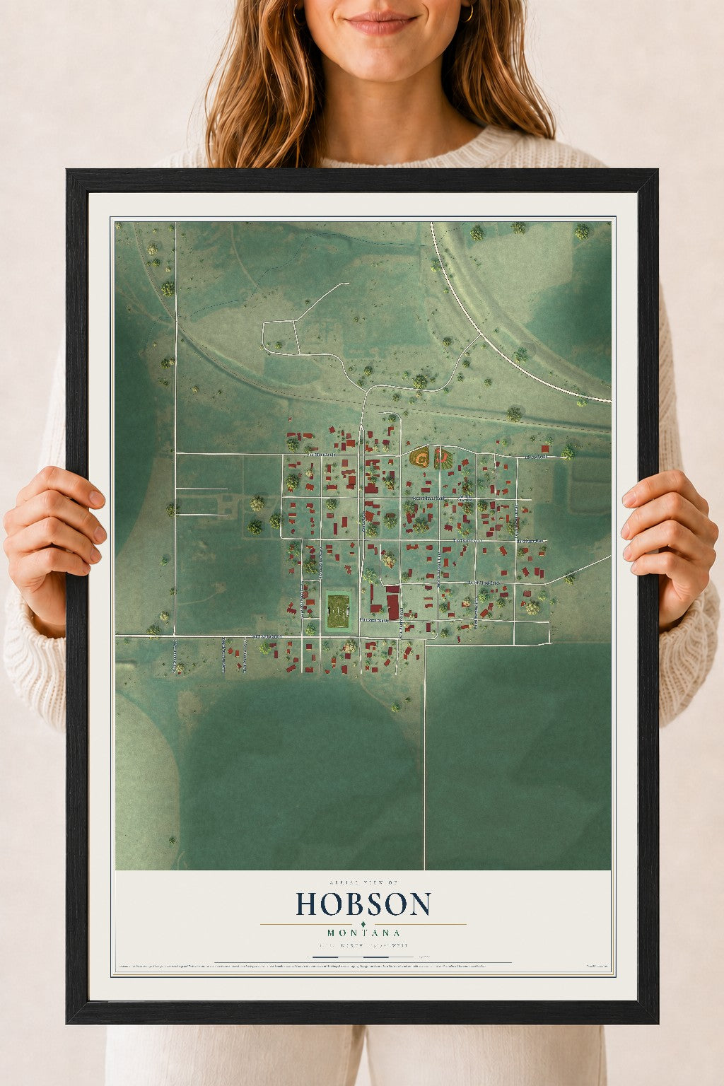 Map of Hobson, Montana, 18 x 24 inch print in a black wood frame