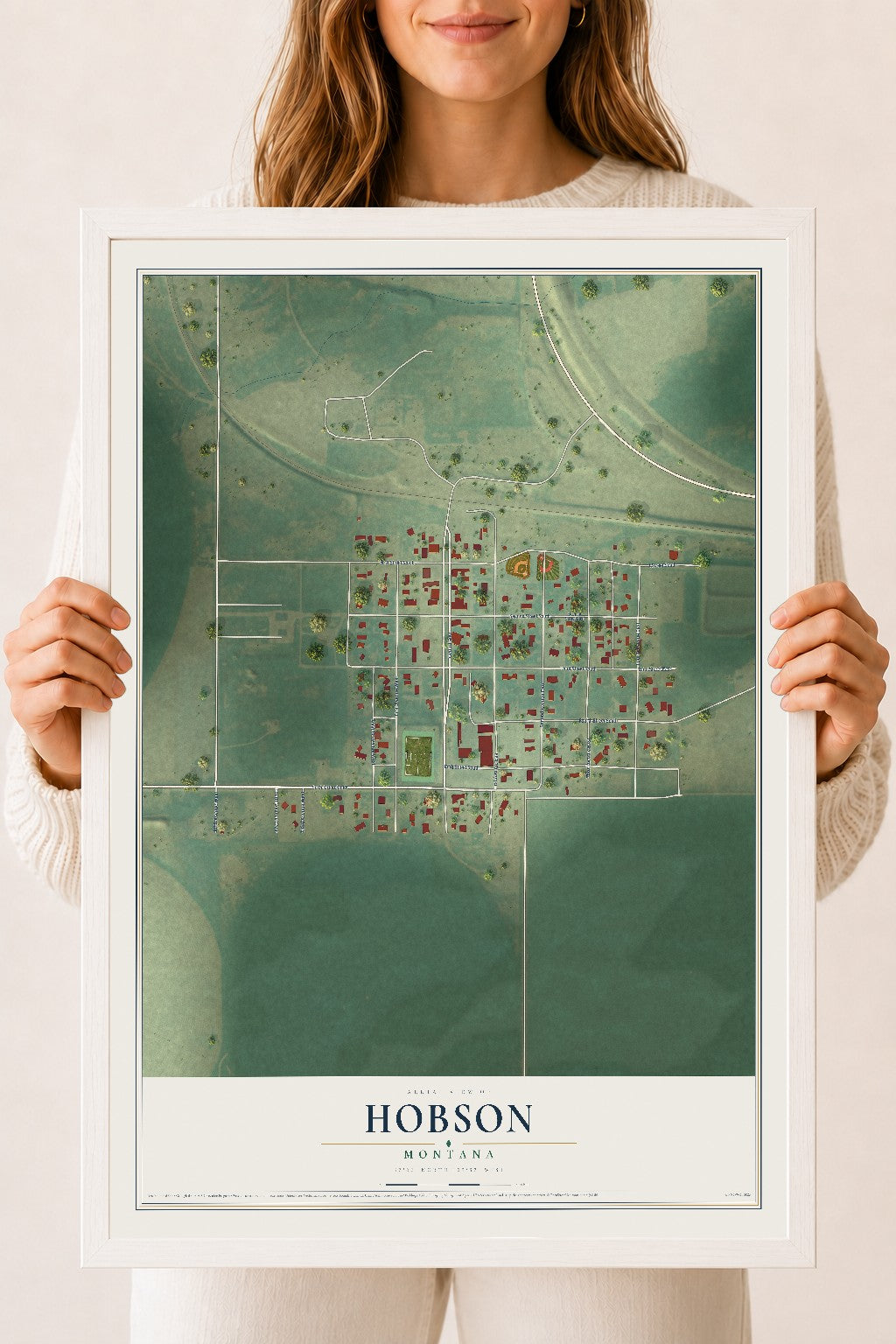 Map of Hobson, Montana, 18 x 24 inch print in a white wood frame