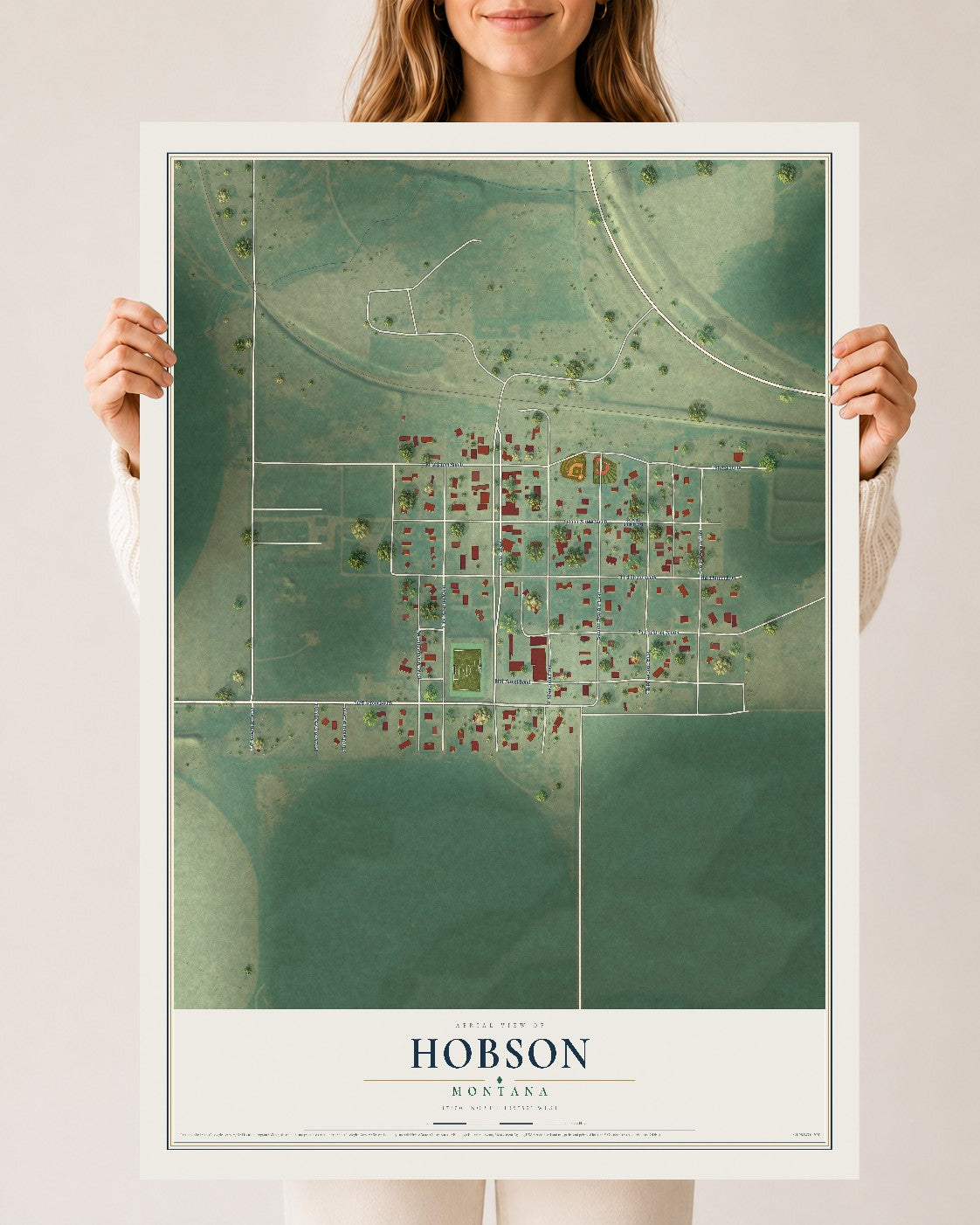 Map of Hobson, Montana, 24 x 36 inch unframed archival matte print