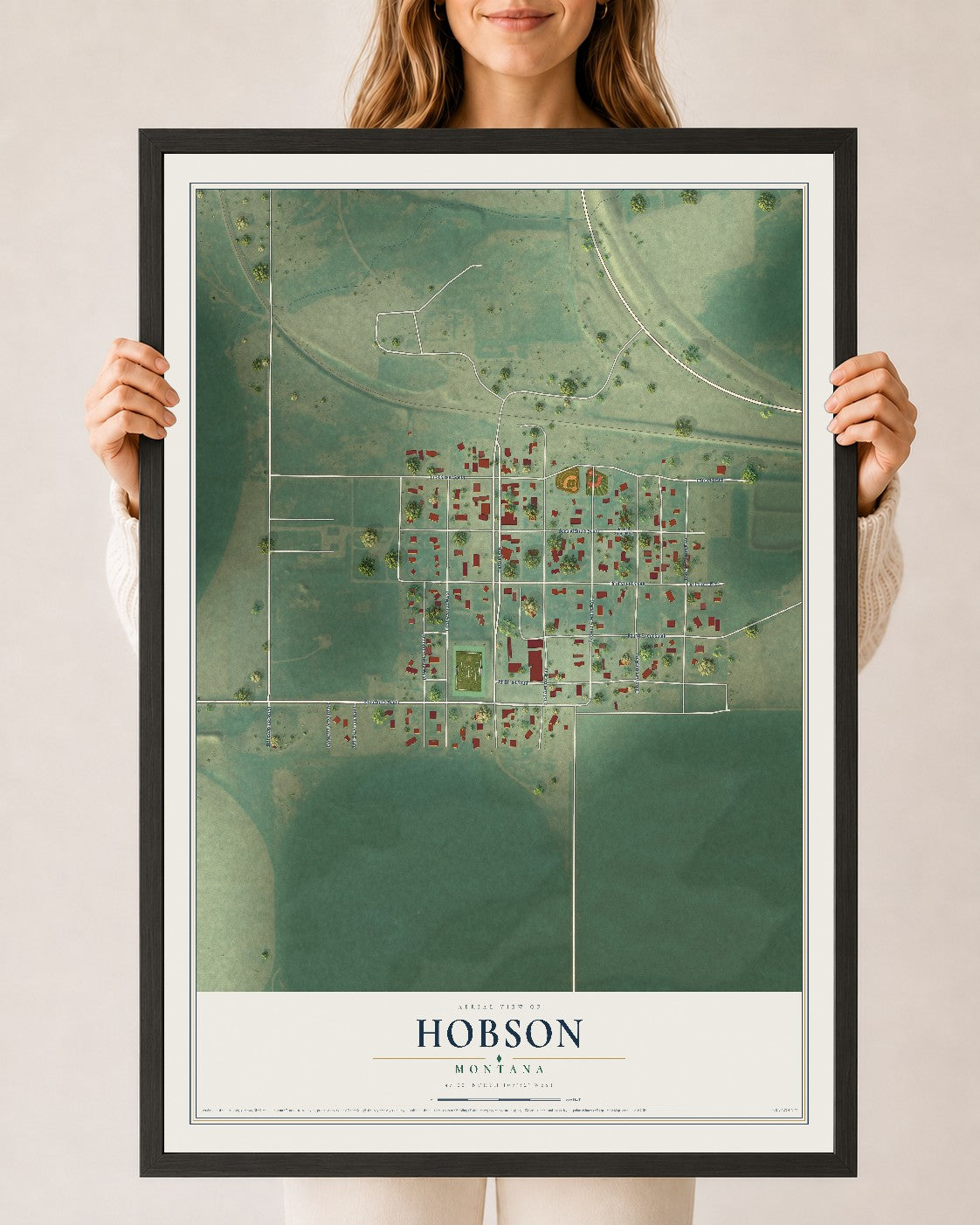 Map of Hobson, Montana, 24 x 36 inch print in a black wood frame