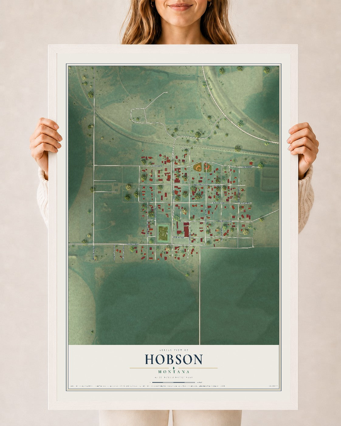 Map of Hobson, Montana, 24 x 36 inch print in a white wood frame