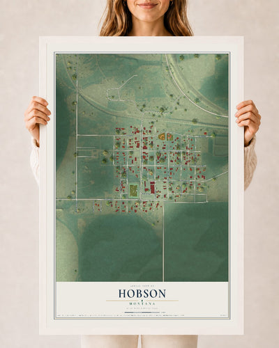 Map of Hobson, Montana, 24 x 36 inch print in a white wood frame