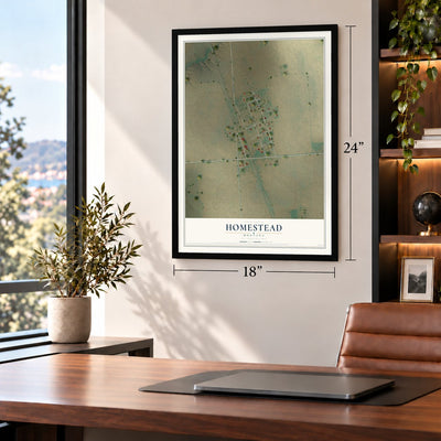 Homestead, Montana map, 18 x 24 inch print in a black frame in a home office