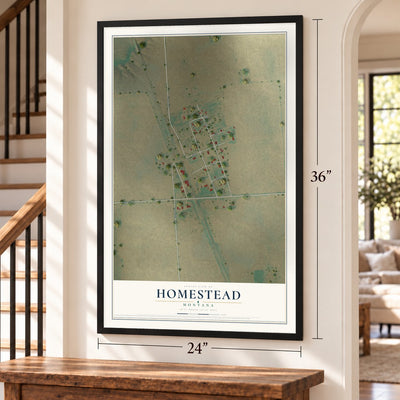Homestead, Montana map, 24 x 36 inch print in a black frame by a staircase