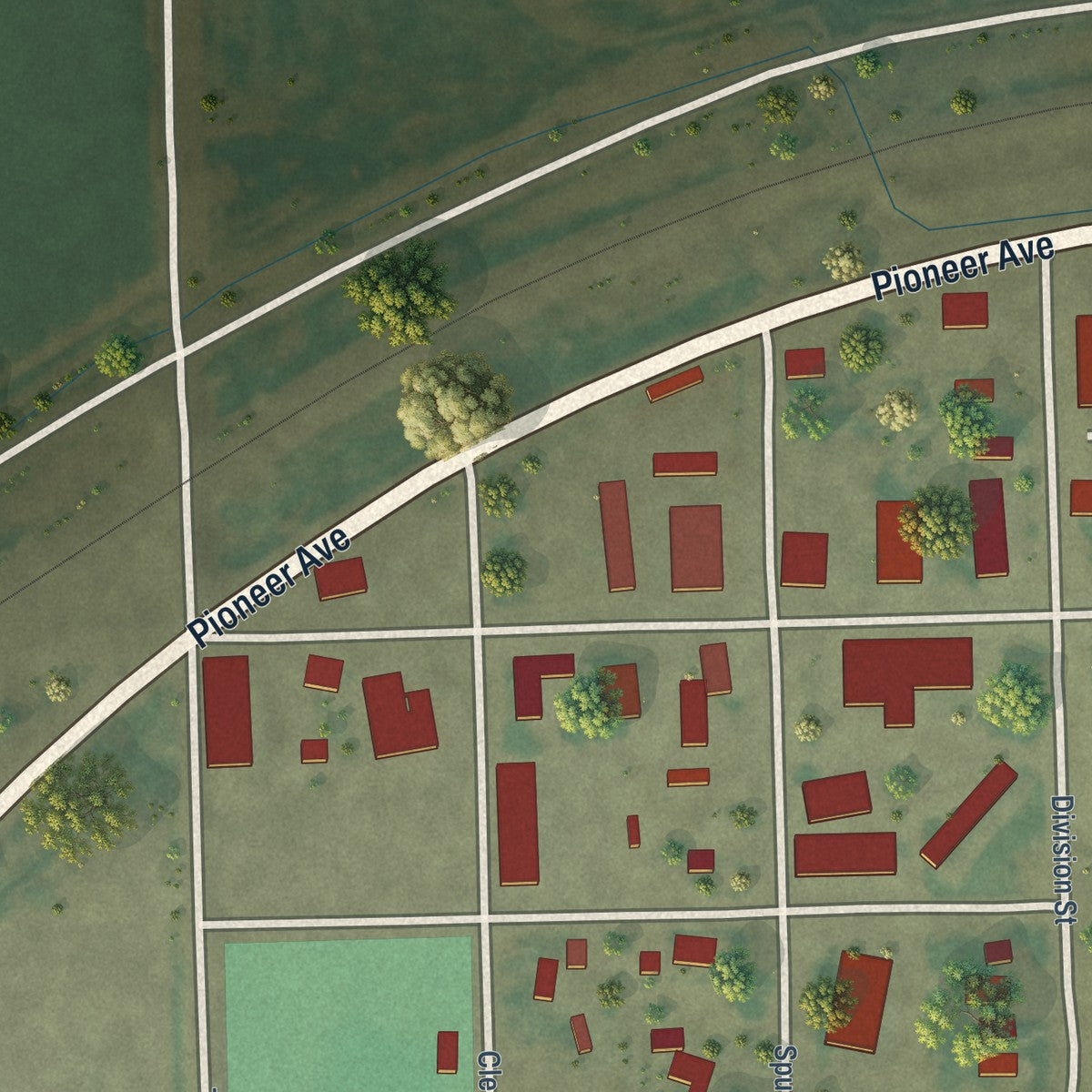 Second close-up of the map of Hysham, Montana print showing more streets and buildings