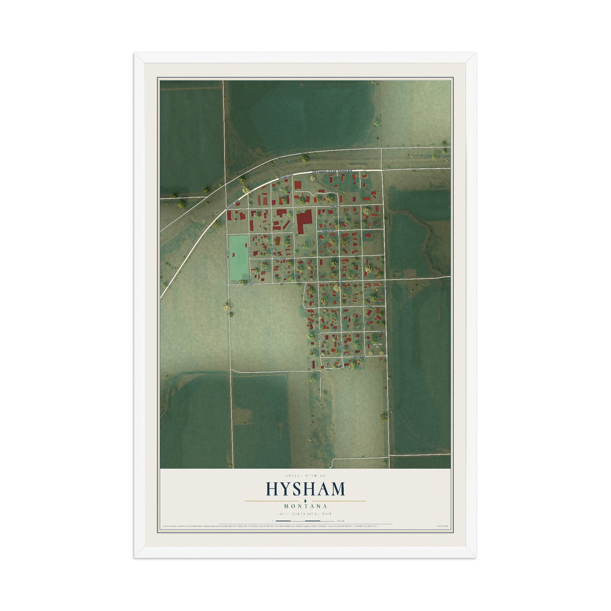 Map of Hysham, Montana, 12 x 18 inch print in a white wood frame