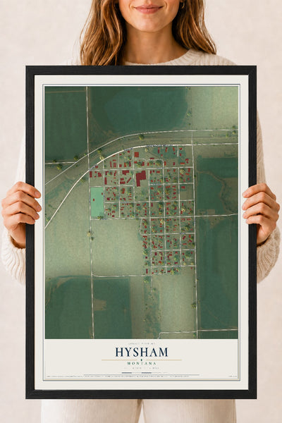Map of Hysham, Montana, 18 x 24 inch print in a black wood frame