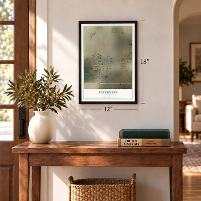 Inverness, Montana map, 12 x 18 inch print in a black frame in an entryway