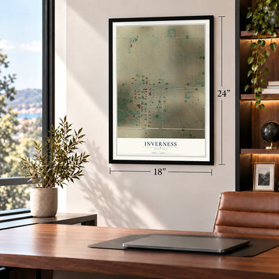 Inverness, Montana map, 18 x 24 inch print in a black frame in a home office