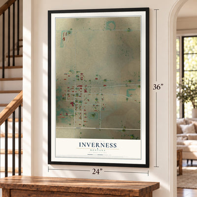Inverness, Montana map, 24 x 36 inch print in a black frame by a staircase