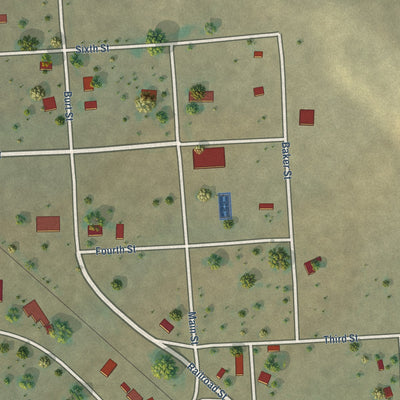 Close-up of the map of Ismay, Montana print showing street and building detail