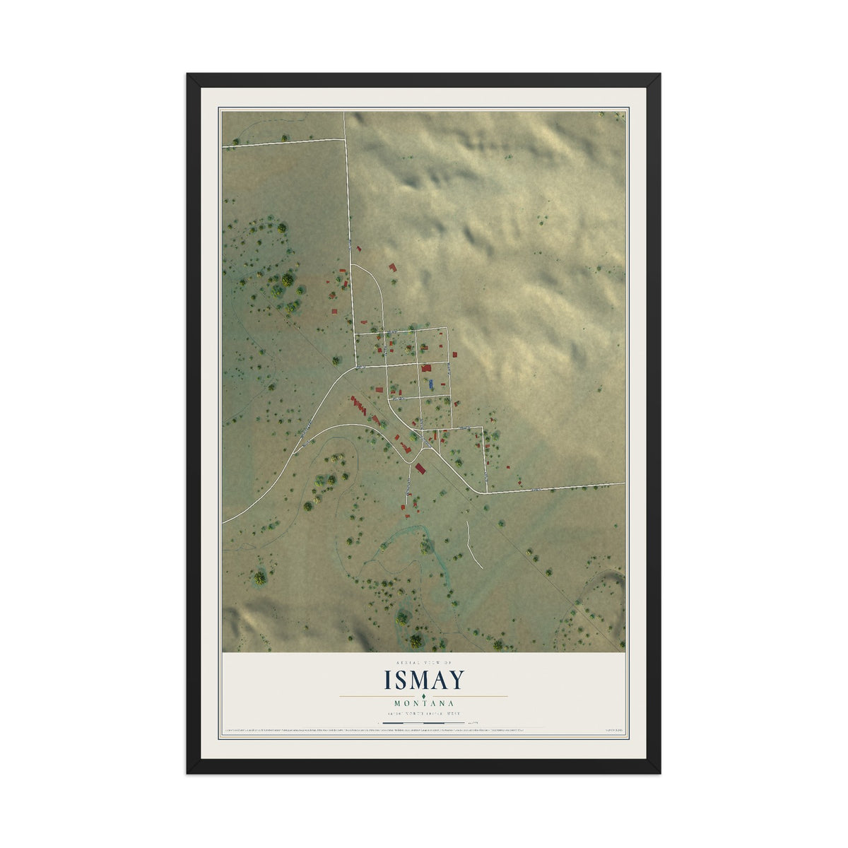 Map of Ismay, Montana, 12 x 18 inch print in a black wood frame