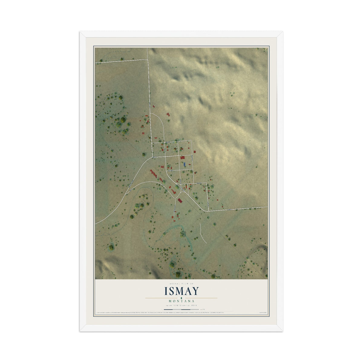 Map of Ismay, Montana, 12 x 18 inch print in a white wood frame