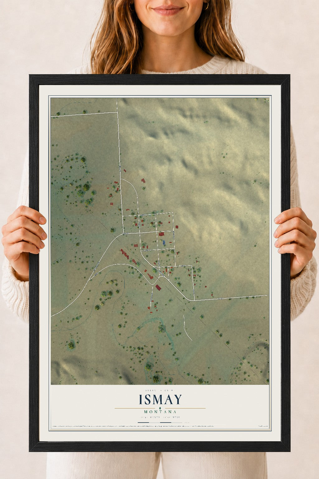 Map of Ismay, Montana, 18 x 24 inch print in a black wood frame