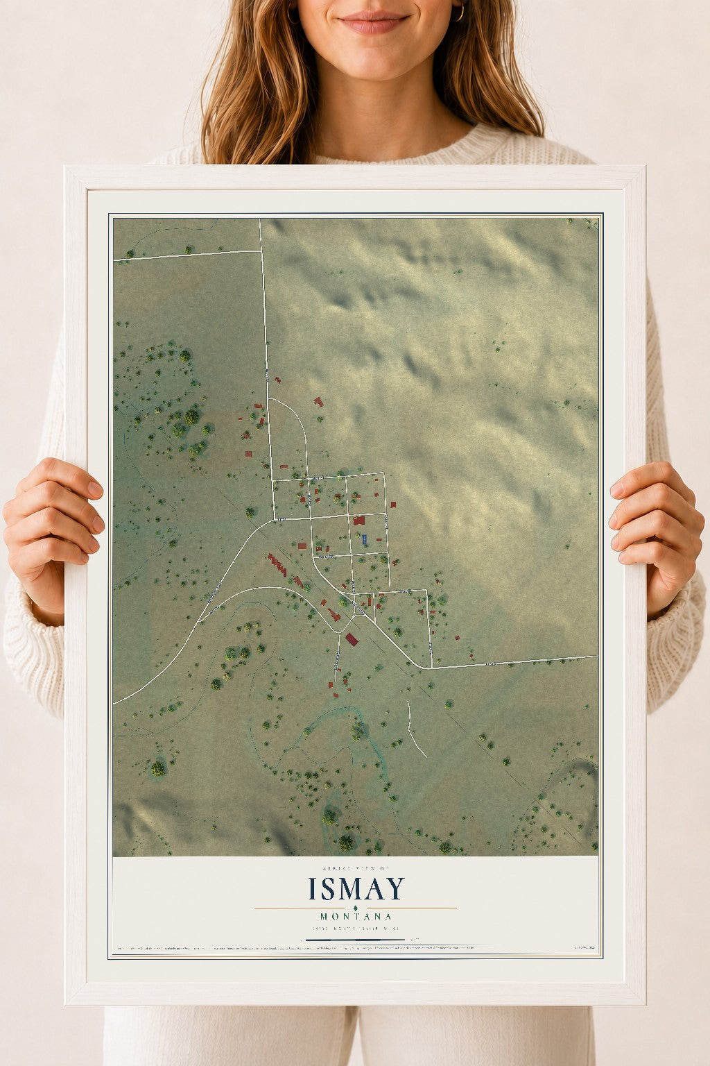 Map of Ismay, Montana, 18 x 24 inch print in a white wood frame