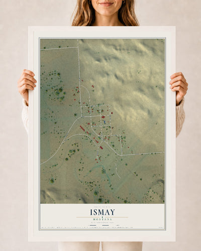 Map of Ismay, Montana, 24 x 36 inch print in a white wood frame