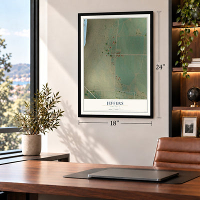 Jeffers, Montana map, 18 x 24 inch print in a black frame in a home office