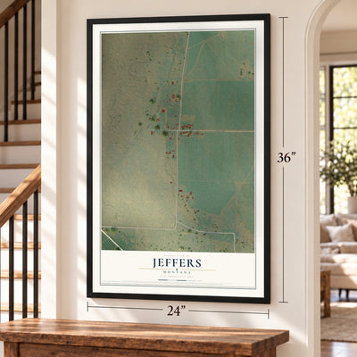 Jeffers, Montana map, 24 x 36 inch print in a black frame by a staircase
