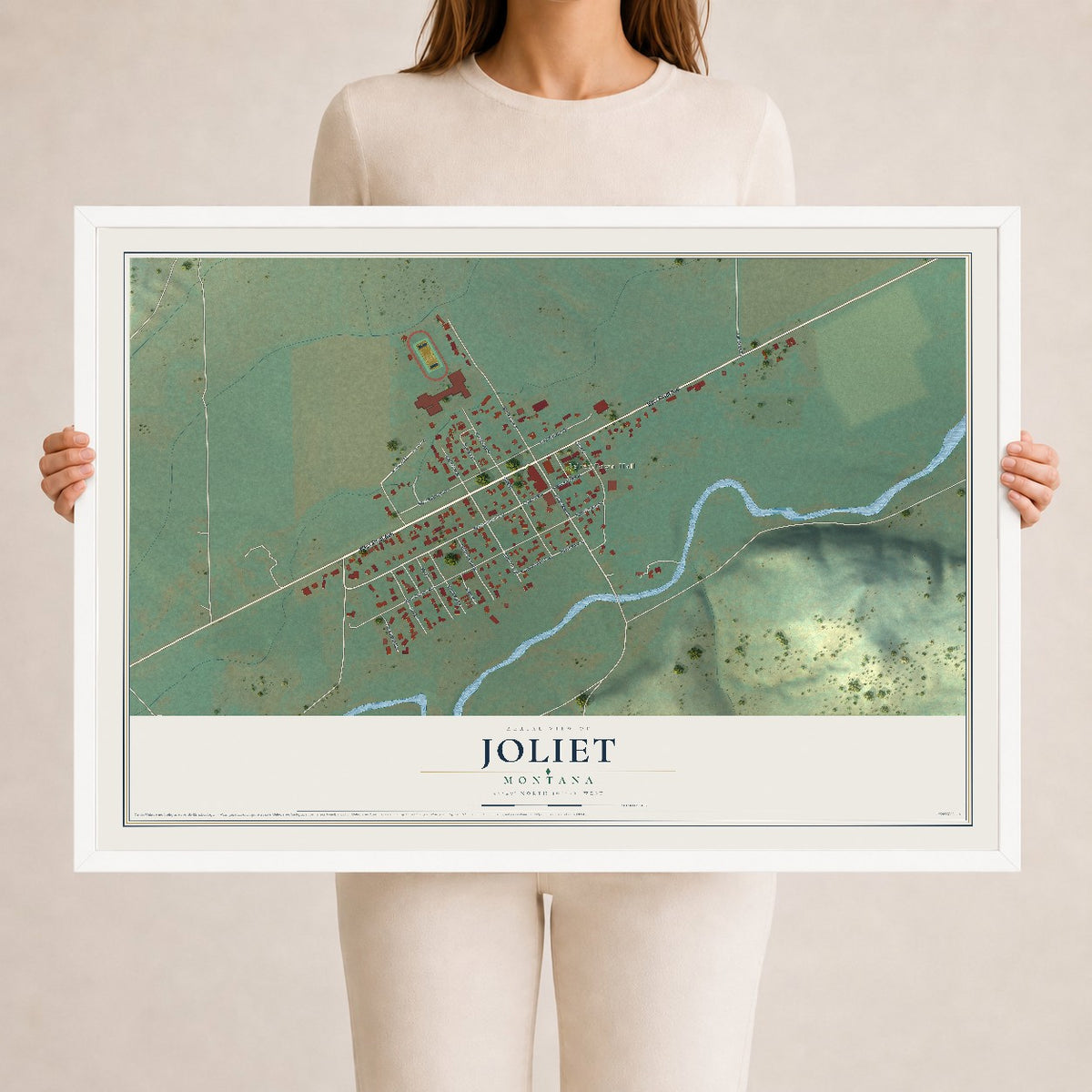 Map of Joliet, Montana, 24 x 36 inch print in a white wood frame