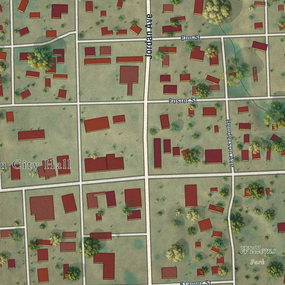 Close-up of the map of Jordan, Montana print showing street and building detail