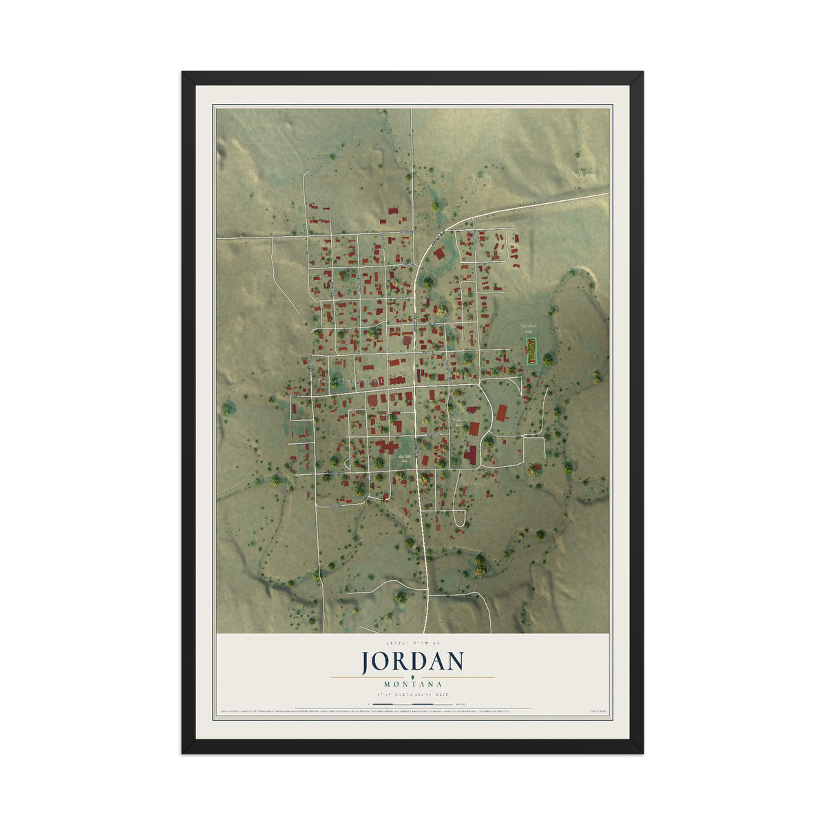 Map of Jordan, Montana, 12 x 18 inch print in a black wood frame