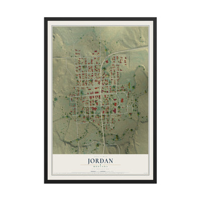 Map of Jordan, Montana, 12 x 18 inch print in a black wood frame