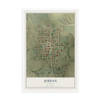 Map of Jordan, Montana, 12 x 18 inch print in a white wood frame