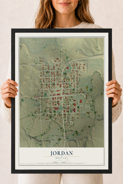 Map of Jordan, Montana, 18 x 24 inch print in a black wood frame