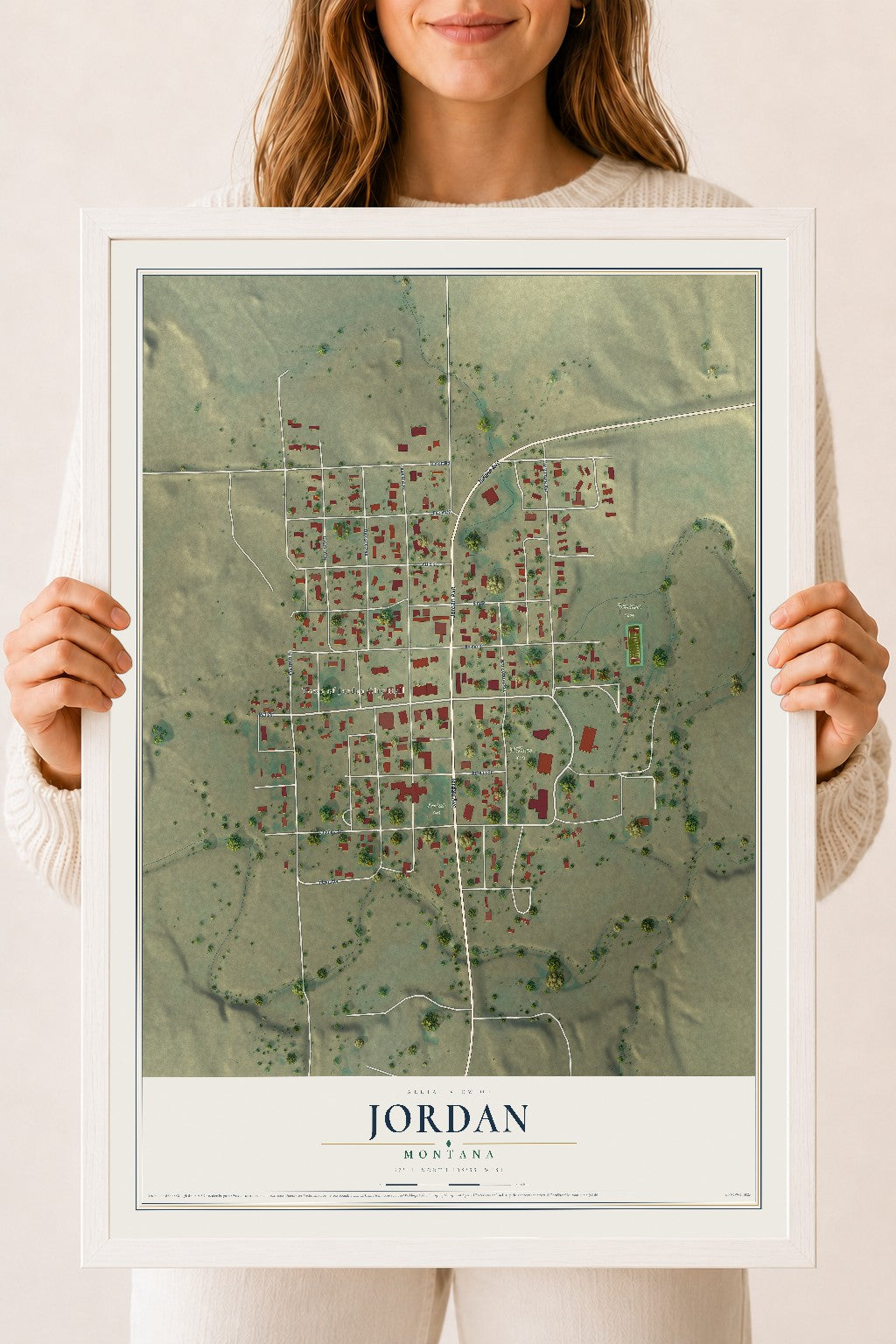 Map of Jordan, Montana, 18 x 24 inch print in a white wood frame