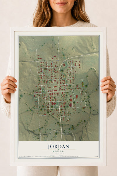 Map of Jordan, Montana, 18 x 24 inch print in a white wood frame